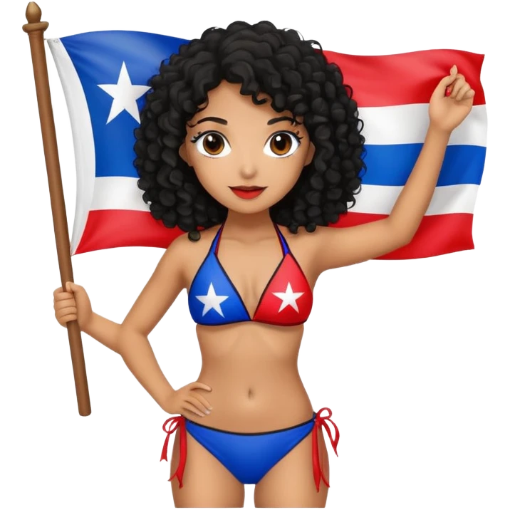Tan skin girl with black curly hair holding a Puerto Rican flag while wearing a bikini emoji