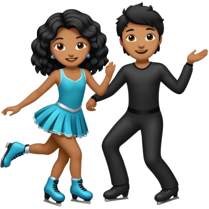 una patinadora con pelo negro largo y ondulado en las puntas con un mallot de color patinando en pareja emoji