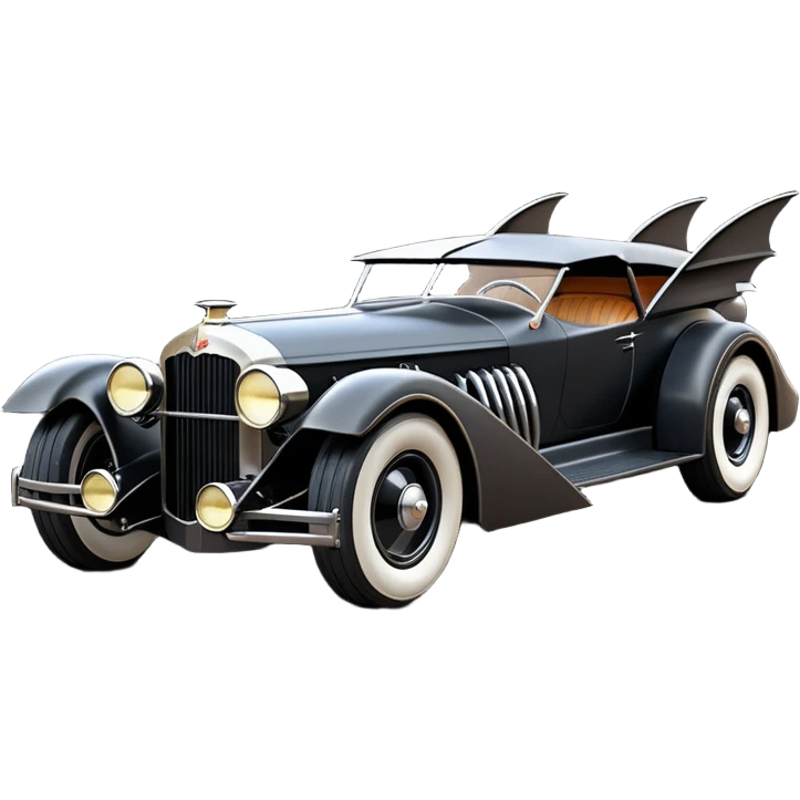  the animated series aerodynamic opulent dark futuristic concept Batmobile loosely based on 1926 V16 Cadillac wagon (flat long straight faceted mechanical body) winged stealthy street hot rod  emoji