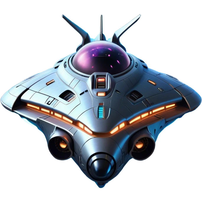 Design a futuristic and stylized spaceship with a sleek, semi-realistic appearance, centered in the frame. The ship should have a unique and creative design, with smooth curves, glowing neon accents (blue or other colors), and intricate mechanical details. Incorporate a subtle 'face' or 'expression' into the front of the ship, using shapes, lights, or patterns that suggest eyes and a mouth without making it look like a literal human face. The 'face' should give the ship a sense of personality or consciousness, as if it were an AI-driven or sentient vessel. Avoid overly human-like features; instead, focus on abstract or robotic elements that evoke emotion. The background should be outer space, with stars, a distant planet, or a nebula, and the lighting should highlight the ship's design and 'face' to make it stand out. emoji