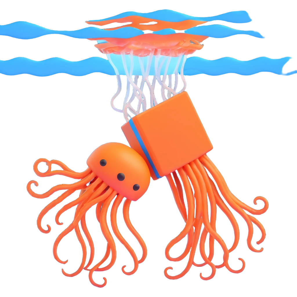 menacing box jellyfish with venomous tentacles close to a person swimming in blue water emoji