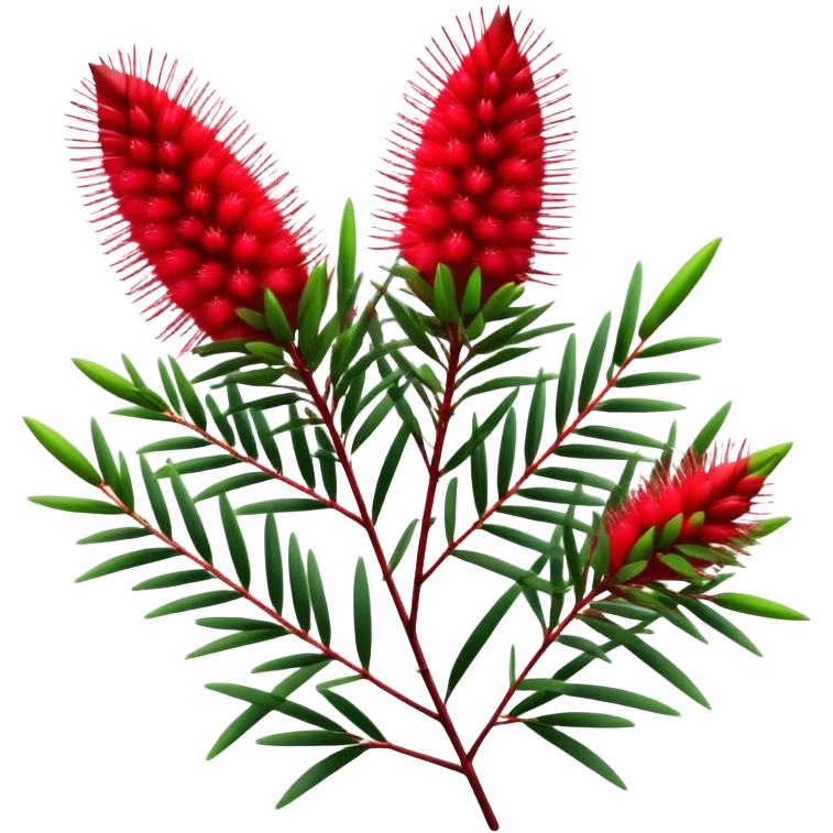 Cinematic Realistic Callistemon Emoji, Vibrant and striking, with spiky red flowers resembling a bottlebrush. The slender leaves create a fine backdrop to the bold blooms, while the plant exudes energy and vitality. Soft glowing outline, capturing the essence of strength, color, and natural beauty in a brilliant callistemon tree! emoji