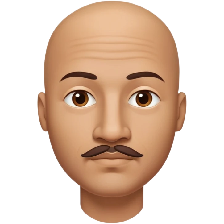 Bald man with oval smooth head, indigenous facial features, 37 years old, with only a mustache and contour from chin to lips, memoji style emoji