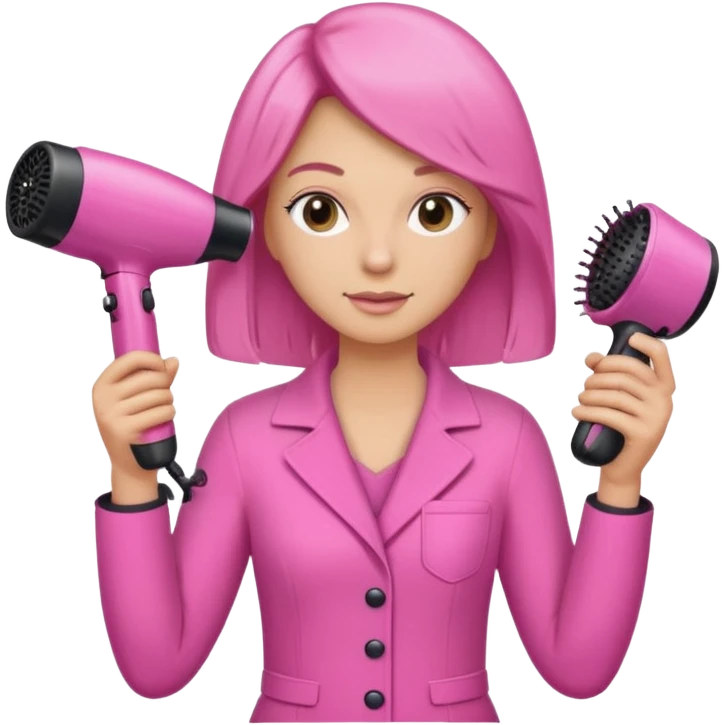 peluquera con secador de pelo y peine en la mano, vestida de rosa emoji