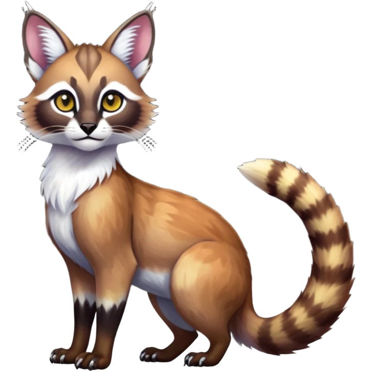 Colorful dark tropical white iridescent glorious divine exotic cute cool beautiful shiny beautiful fantasy-caracal-civet-genet-sergal-vernid-Cacomistle-oncilla-animal-Fakémon-hybrid-fursona (full body) emoji