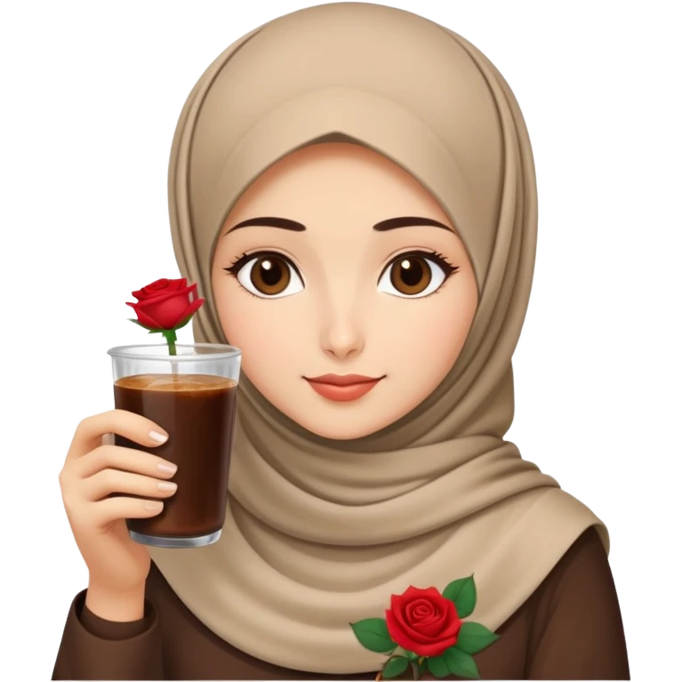 Turkish beautiful finish Konya girl eyes with beige hijab islamic dress and had on her hand Rose Cold brew coffee   emoji