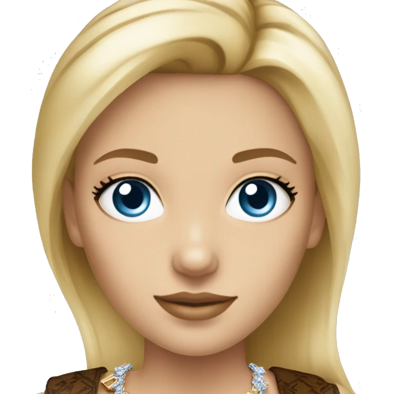 Blonde female with blue eyes wearing a diamond necklace wearing louis Vuitton clothing   emoji