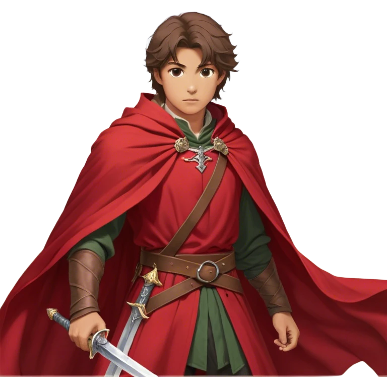 "A young man with a confident and determined expression wears a flowing red cloak that billows in the wind. His sword is securely fastened to his belt, and one hand rests firmly on the hilt while the other boldly points forward, as if leading a charge or giving a command. His hair is slightly tousled, and his stance exudes strength and readiness. The background is vibrant and dynamic, complementing the heroic and adventurous atmosphere. emoji