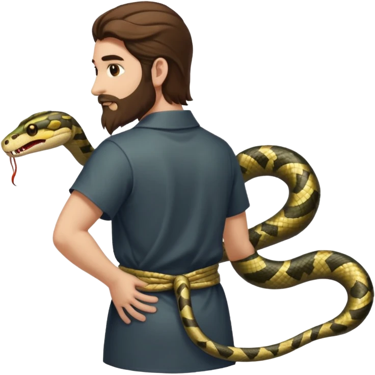 full body man long brown hair brown eyes medium beard white skin seen from behind, snake wrapped around arm and back emoji