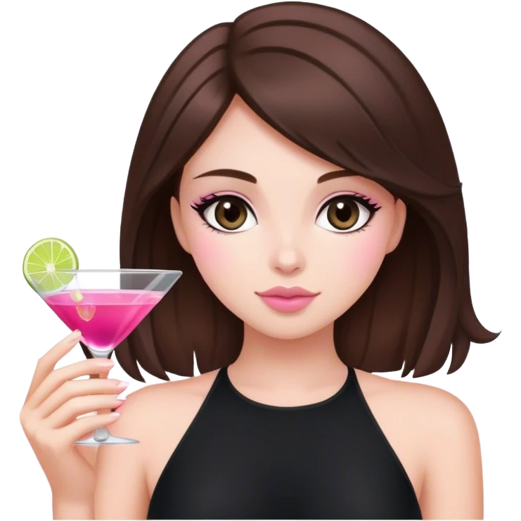 brunette hair down girl black top holding a pink cosmo emoji