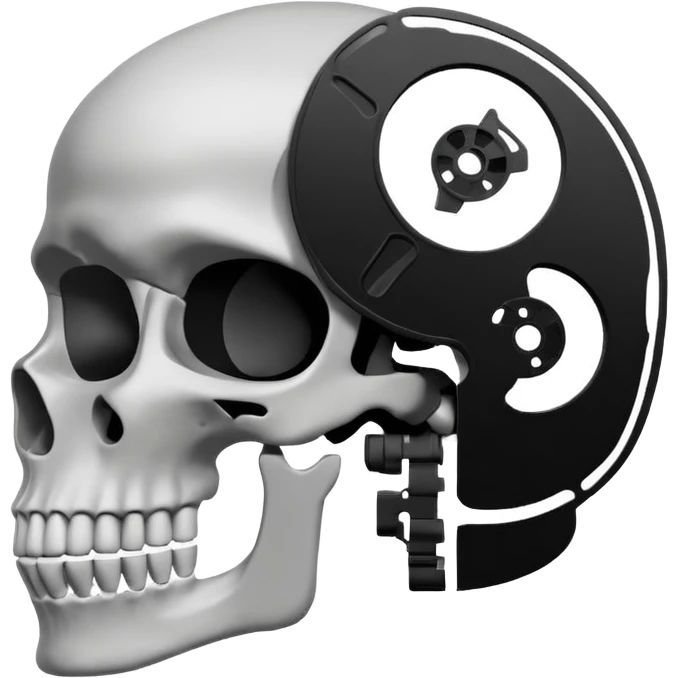 Minimalist emoji-style sticker of a human skull in profile, with a film reel replacing the brain. Grayscale icon with bold silhouette.
 emoji