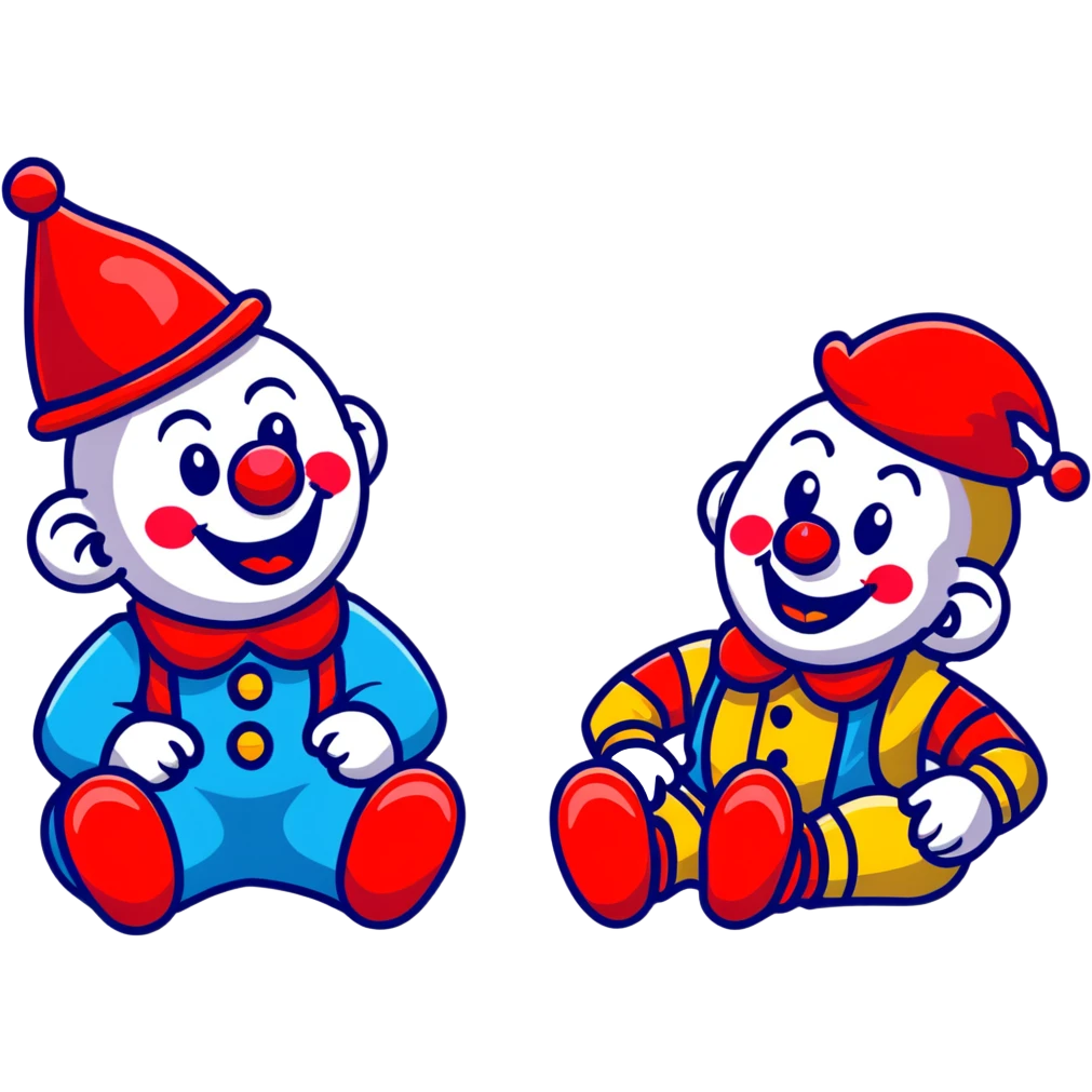 two clowns playing musical chairs, whimsical cartoonish style emoji