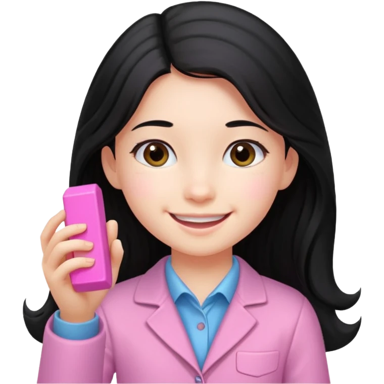long black haired girl kid playing pink colored formula 1 toy emoji