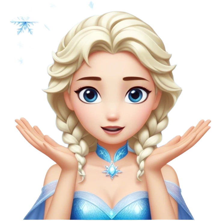 Cinematic Playful Elsa Portrait Emoji, Blowing frost from her hands in a dazzling display, eyes filled with mischief, exuding a magical charm that is both fun and enchanting! emoji