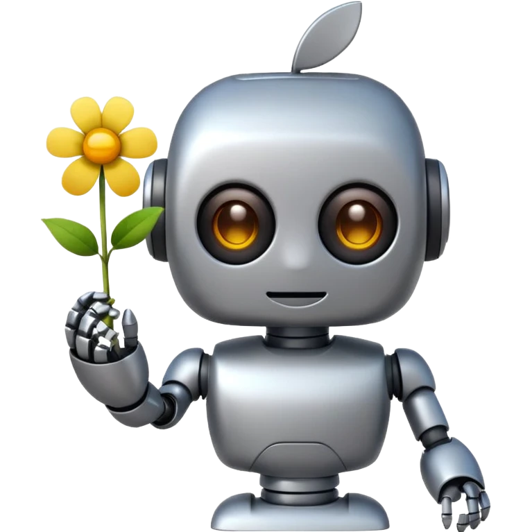 cute robot holding a tiny flower, color #b0f2f8, apple emoji style emoji