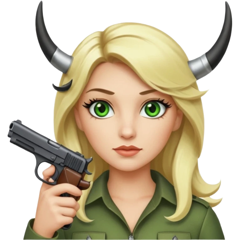 Emoji femme blonde cheveux blond, yeux vert avec de long cils noir qui porte un pistolet et à des cornes  emoji