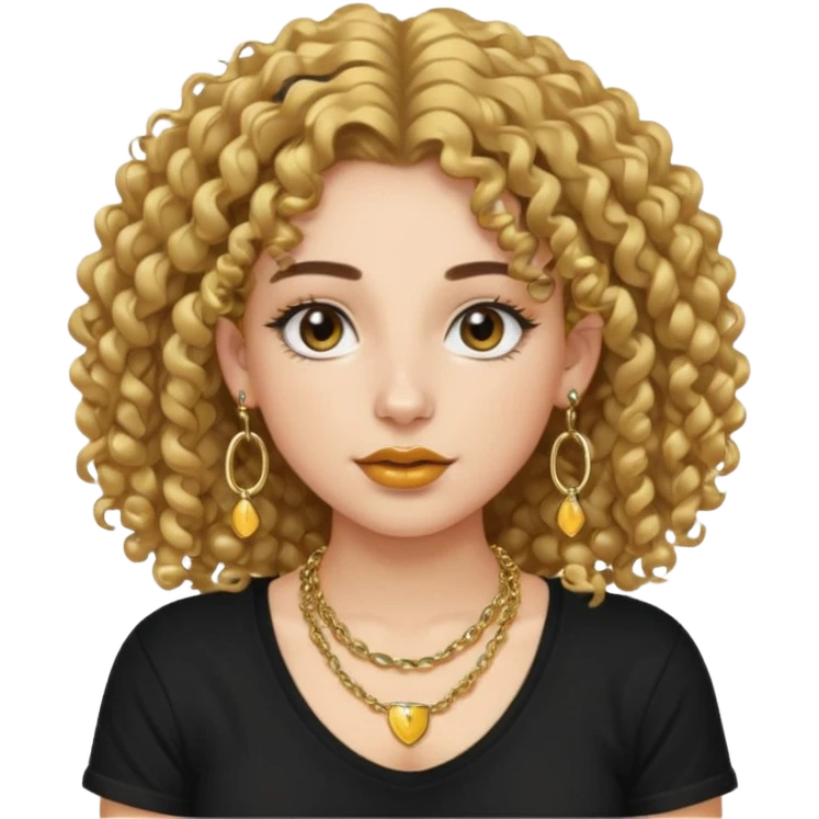 Chica de pelo rizado de tez blanca, pestañas, extra largas, cejas, pobladas, nariz, pequeña, labios grandes, usando una cadera dorada, junto con unas dorada y una camiseta negra emoji