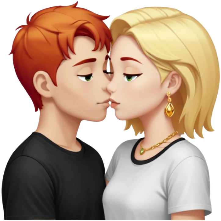 close-up of young 20 year old couple kissing, girl with red hair and blonde eyebrows wearing gold jewelry and light clothes, boy with white hair wearing dark t-shirt emoji