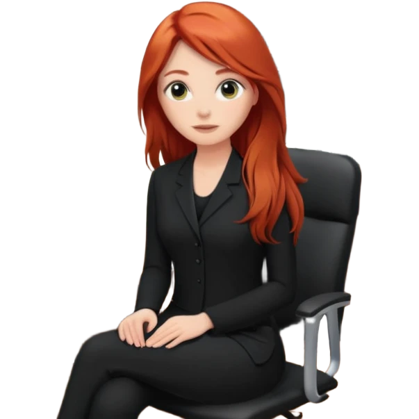 Video call therapy session: red-haired therapist with long hair wearing black minimalist clothing, seated in a professional home office, looking at the webcam; calm, modern teletherapy setting emoji