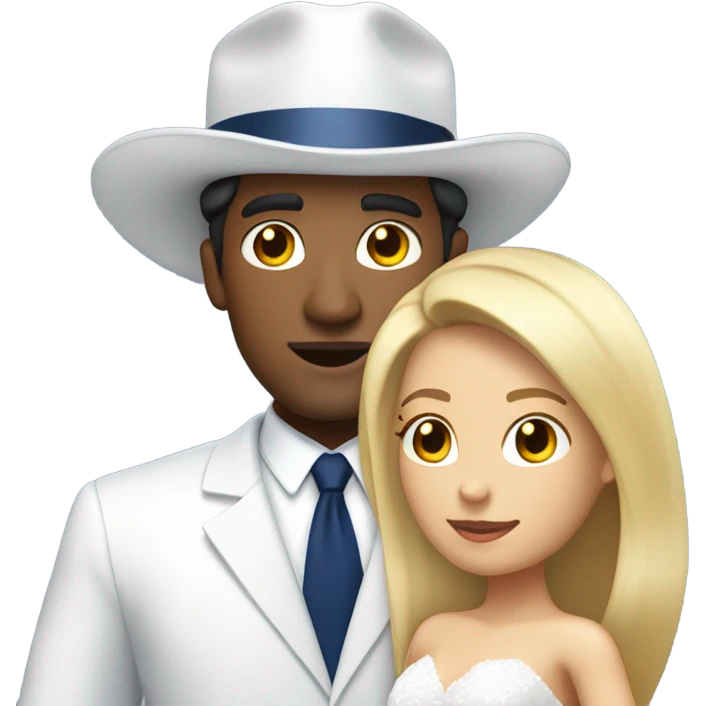 Puerto rican beard short hair with blue hat and navy blue suit getting Married with blond long hair girl with white  wedding dress  emoji