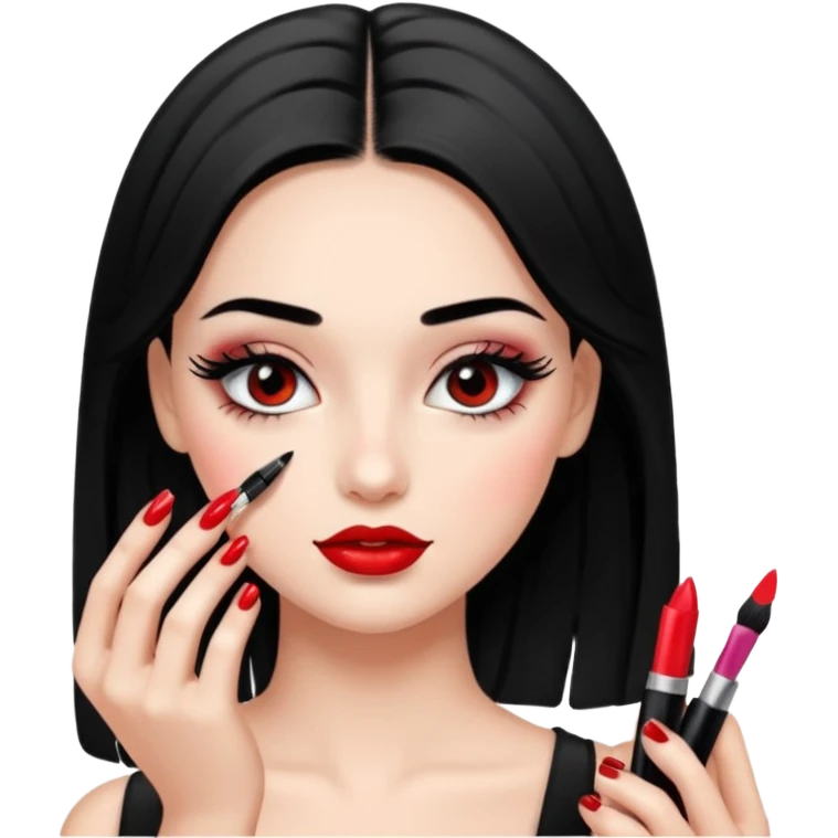 Girl doing make up with glossy nails and eyelashes emoji