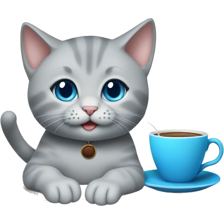 grey kitten blue eyes sitting on the table with coffee woman emoji