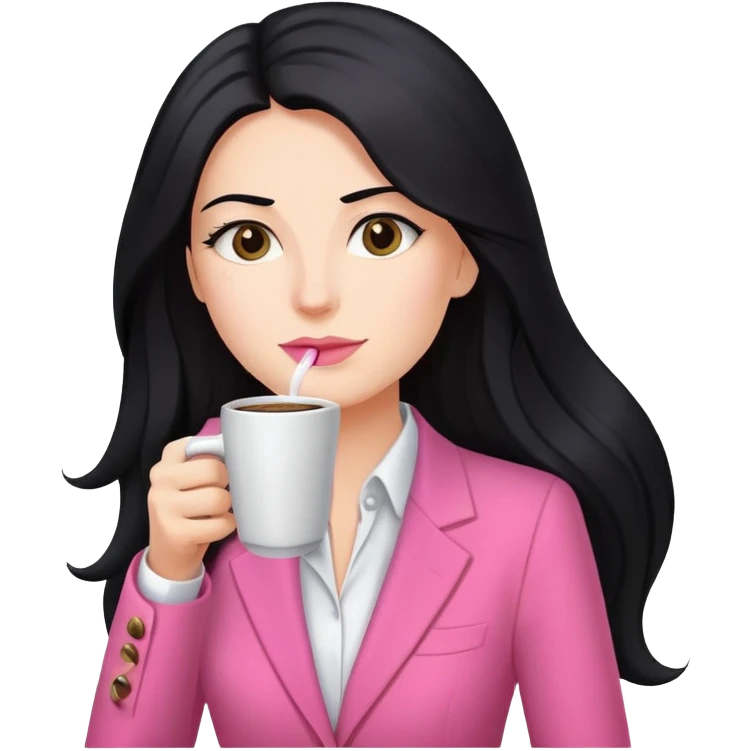 business dressing pink clothes woman  caucasian with a long black hair drinking coffee emoji