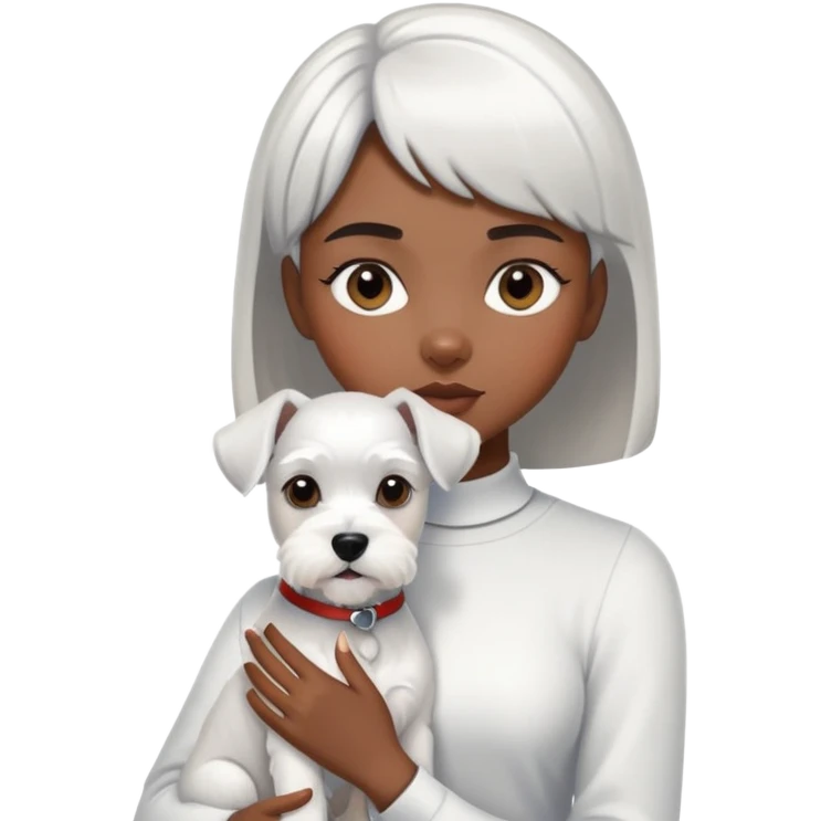 Black girl with short bangs holding a white schnauzer dog emoji