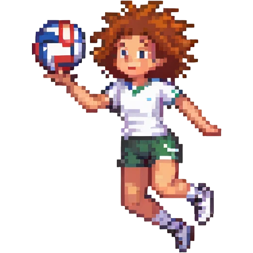curly haired girl playing volleyball, jumping to spike, pixel art style emoji