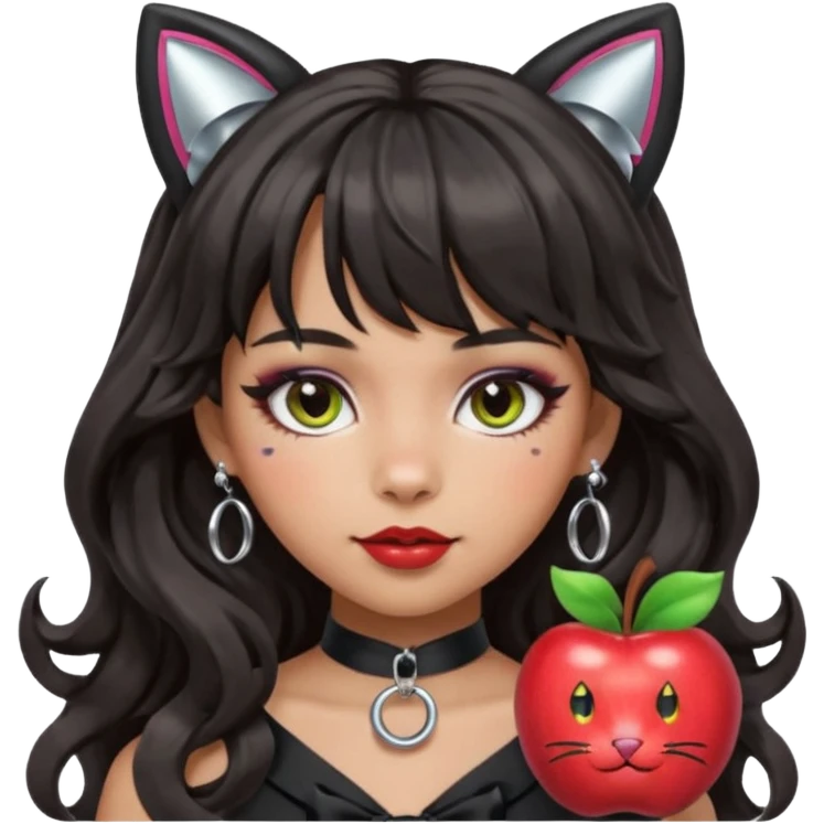 Replace the apple on the collar with a bow or a paw print. Keep the silver O-ring, bangs, bold makeup, medium Hispanic skin, long dark wavy hair, and cat ears. Maintain the apple emoji style with a transparent background. emoji