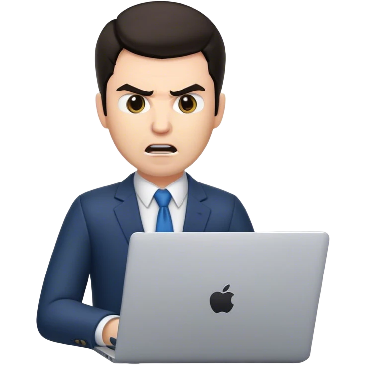 memoji of a white male realtor with a laptop in front, modern, dark hair, angry emoji