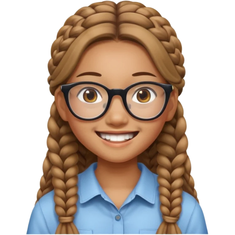 14-year-old Asian girl with long light brown braids, square glasses, big loud smile emoji