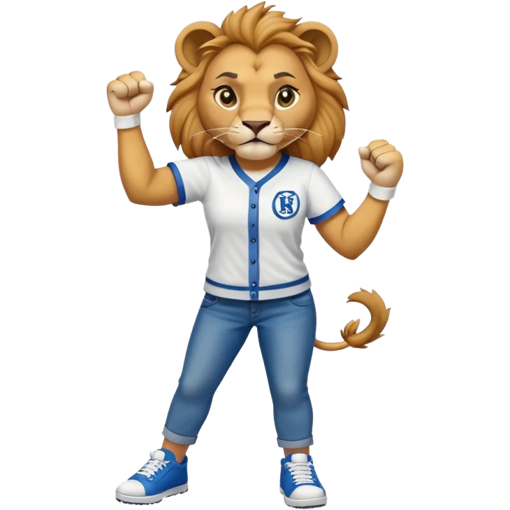 confident anthropomorphised female lion wearing baseball shirt, jeans, trainers, raising a fist in the air, angry expression, no sunglasses emoji
