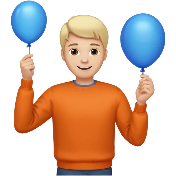 white skin, blonde hair man, orange sweater, hold blue balloon emoji