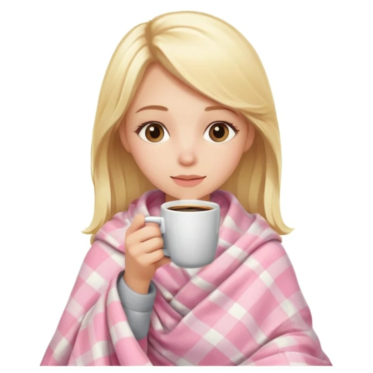 cute blonde girl wrapped in pastel pink plaid blanket drinking coffee emoji