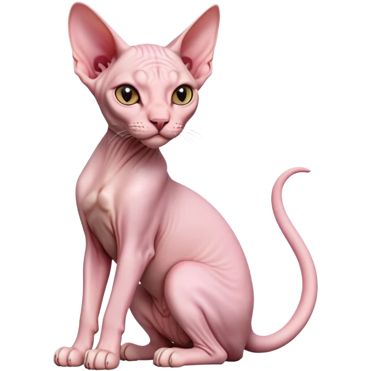 cinematic-[sphynx cat]-realistic-full-body-sitting-emoji,-tail-curled-playfully-around-its-paws,-head-tilted-dramatically,-sleek-[pink]-skin,-simplified-yet-realistic-focused-features,-highly-detailed,-glowing-with-an-almost-sarcastic-glow emoji