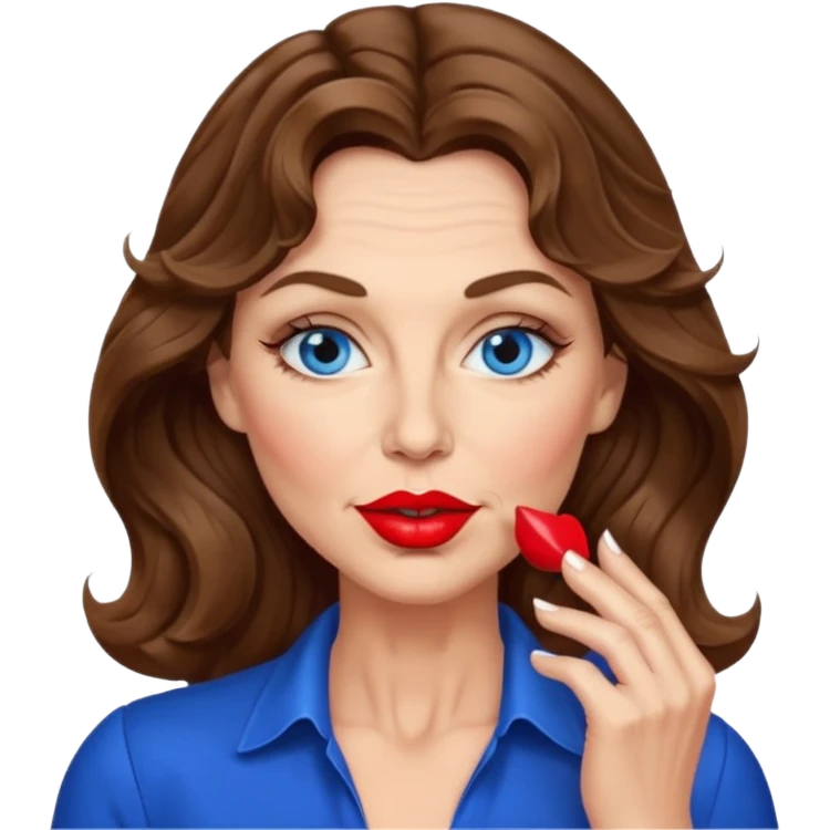 Extra Long wavy hair, brown hair, blue eyes Caucasian, age 50, sexy clothes boobies, kissing face emoji