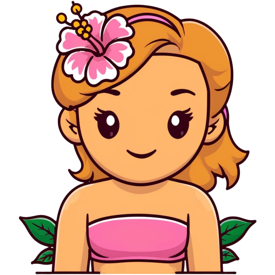 tan girl with dark brown hair and blonde highlights with a hibiscus flower in her hair wearing a pink tube top with tan lines showing emoji