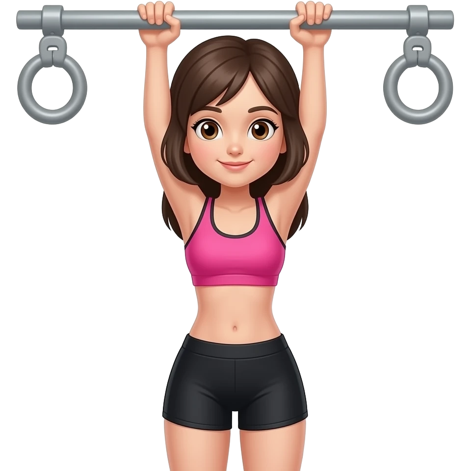 une fille quI fait des tractions , brassière de sport rose short noir yeux marrons emoji