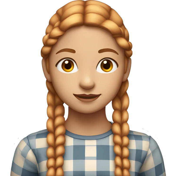 a young woman with long, straight reddish-blonde hair styled with two small braids in front. She has a soft expression and is wearing a light-colored checkered top.  emoji
