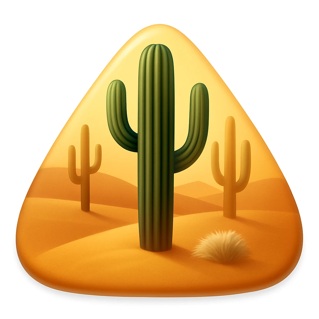 Create a desert emoji in the style of iOS emojis. The shape should be a sand mountain instead of a square, keeping the same cacti, sand, and colors. The sand mountain should be smooth and shiny with a soft shadow added. emoji