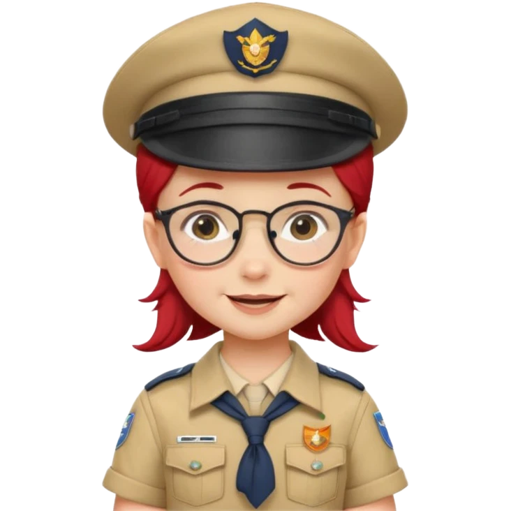 scout girl baby with uniform including the hat,  little with glassess and red hair emoji