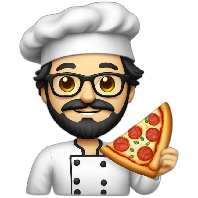 Dark haired chef with beard and big dark glasses holding a slice of pizza emoji