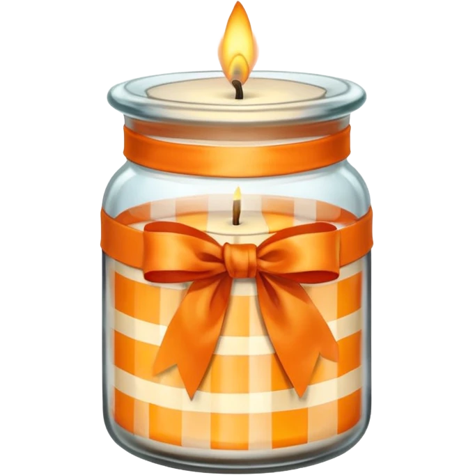 Glass jar with a candle in it and an orange checkered ribbon emoji