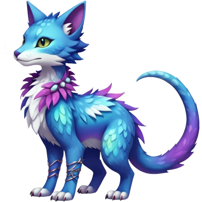Kawaii iridescent beautiful pretty elegant divine edgy fantasy feline-vernid-sergal-Fakémon-Pokémon-fursona-animal-creature with accessories, full body, with intricate detailed markings emoji