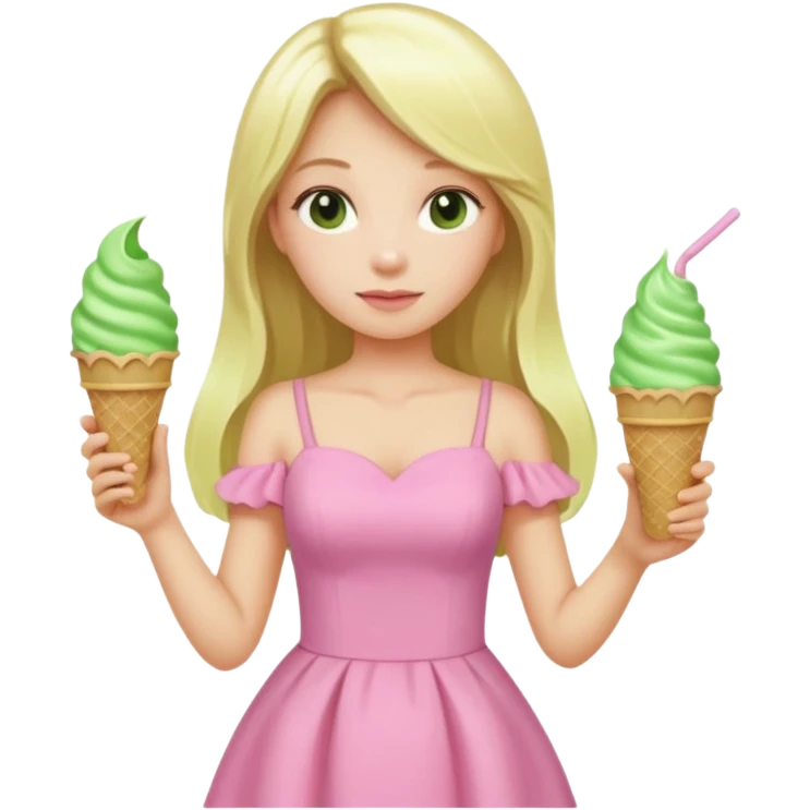girl blonde long hair in pink dress,  holding matcha ice cream emoji