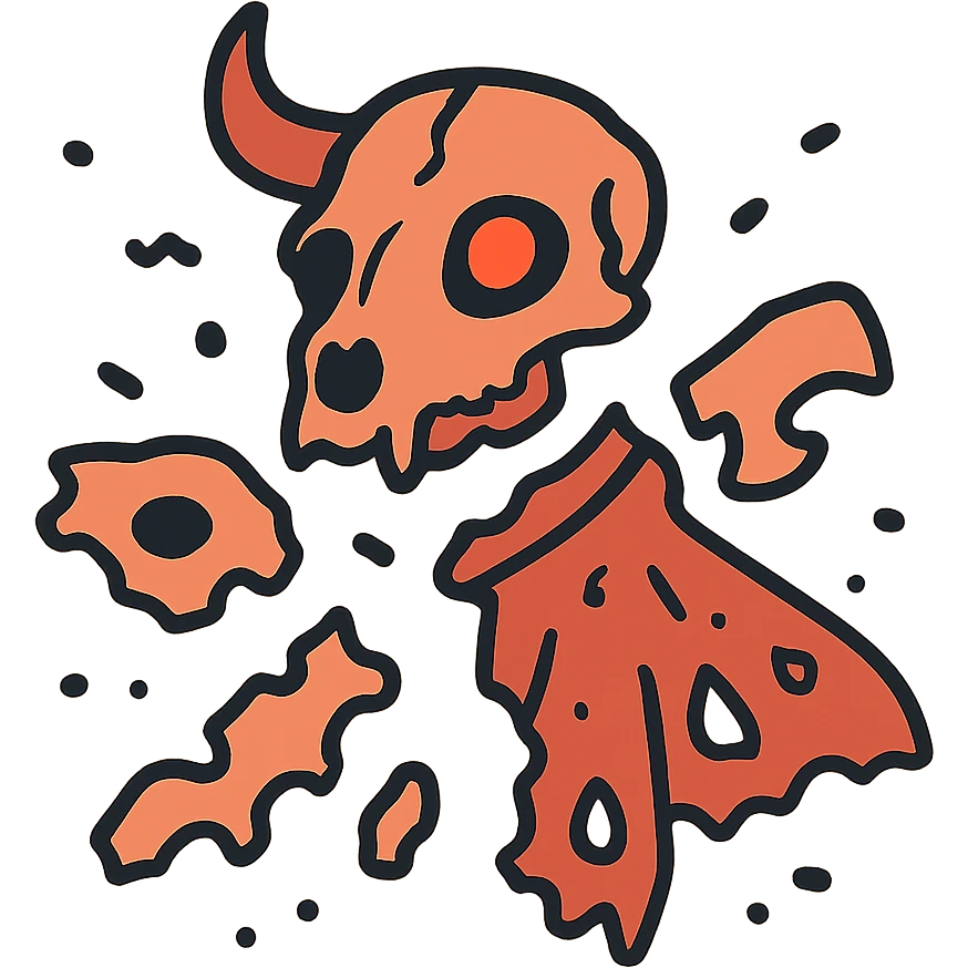 absolute maximum deterioration: a barely-there red line drawing of hybrid creature with minotaur skull with a broken horn and one glowing red eye, stoat skull features with hints of a cape, and deteriorated moth wings, with most of the perimeter missing, extreme fragmentation, massive gaps, severely eroded to near non-existence, only the faintest suggestion of the creature remains, like ancient damaged artifact at final stage of decay emoji