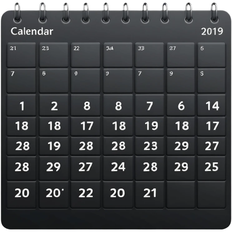 payment schedule — a black matte calendar with evenly spaced date blocks, subtle highlighted payment days, clean geometric shapes, no text or numbers, monochrome black color palette, soft studio lighting, smooth surfaces, modern fintech style emoji