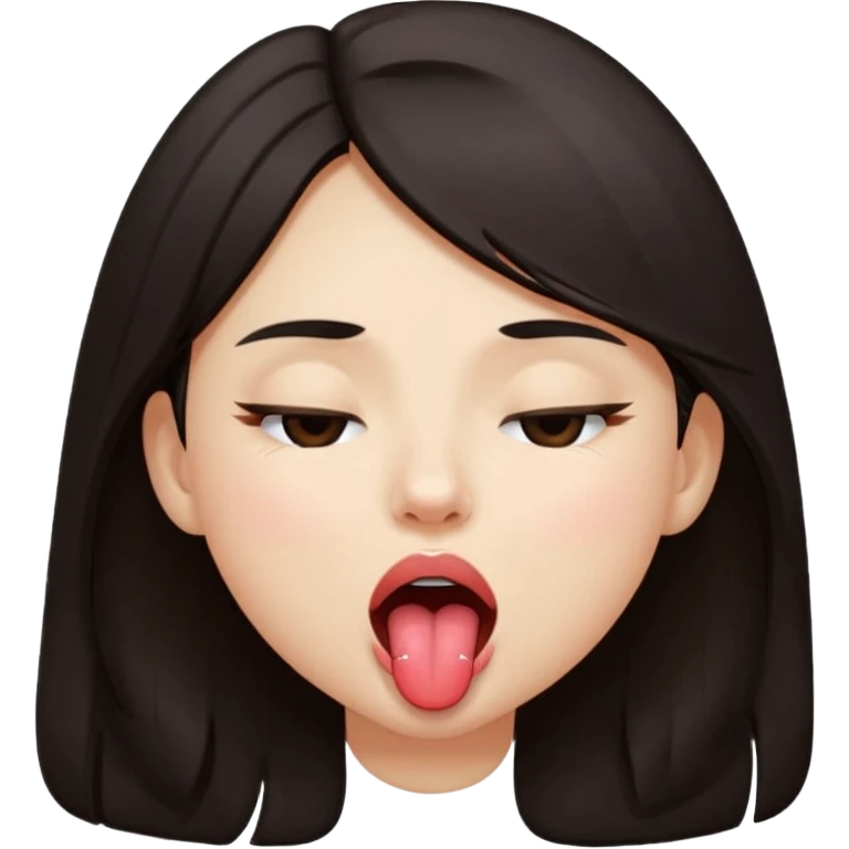 A girl with dark hair, closing her eyes and her mouth wide open while sticking her tongue out emoji