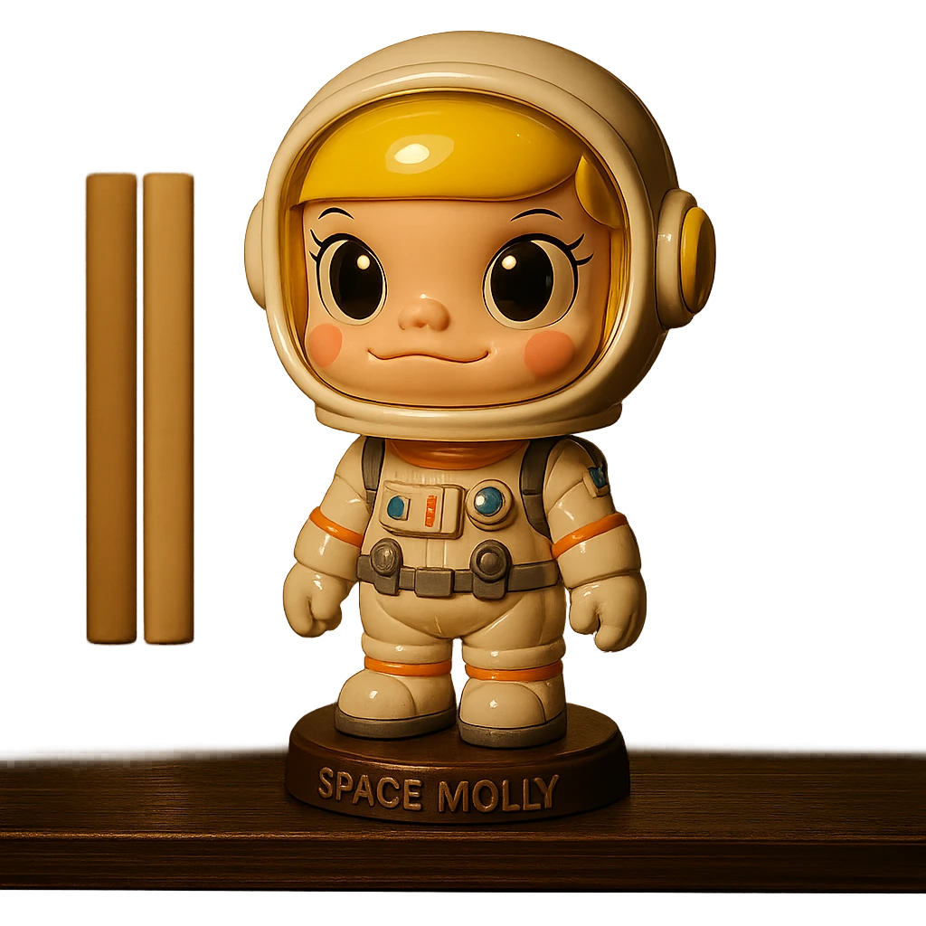 space molly as a doll cartoon, big round eyes, glossy face, detailed astronaut suit, playful expression emoji